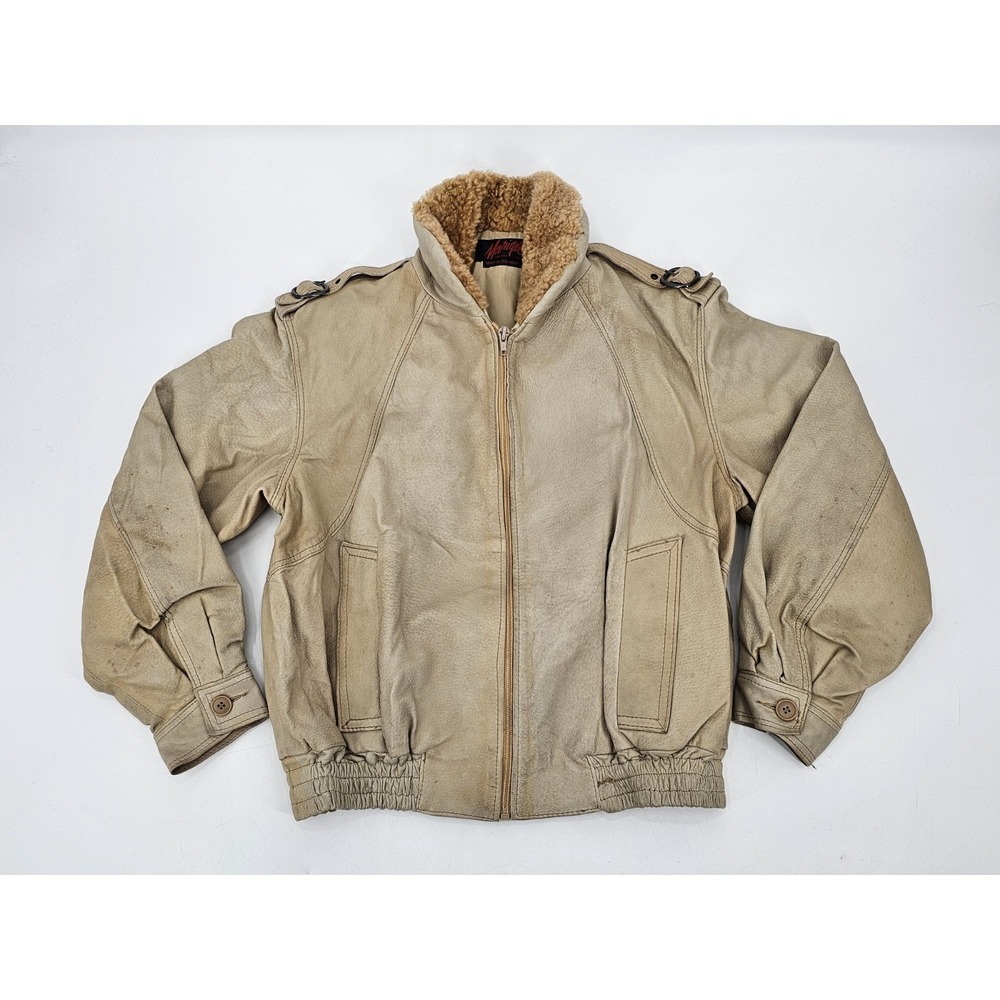 RARE VTG Marigot Leather Aviator Jacket Fur Size Small Beige MADE IN‎ YUGOSLAVIA